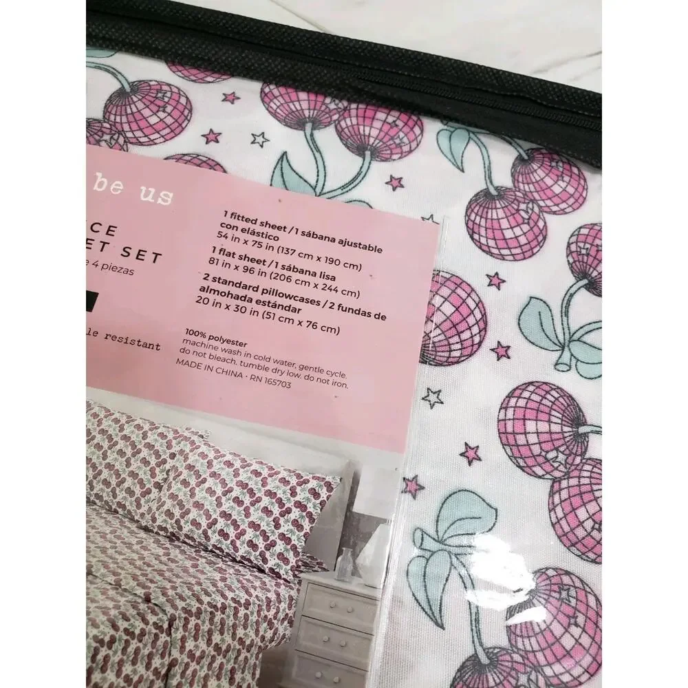NEW Disco Ball CHERRY print bed sheets full size girl bedroom pink fruit‎ girly